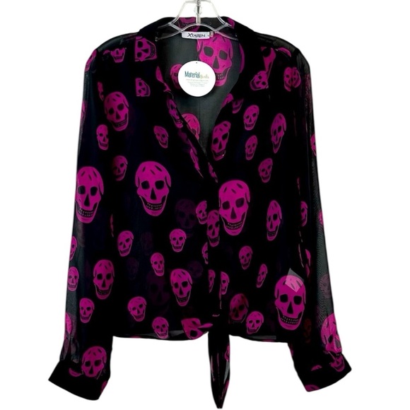 Black and Hot Pink Skull Print Semi Sheer Tie Front Top Size L - Picture 1 of 8